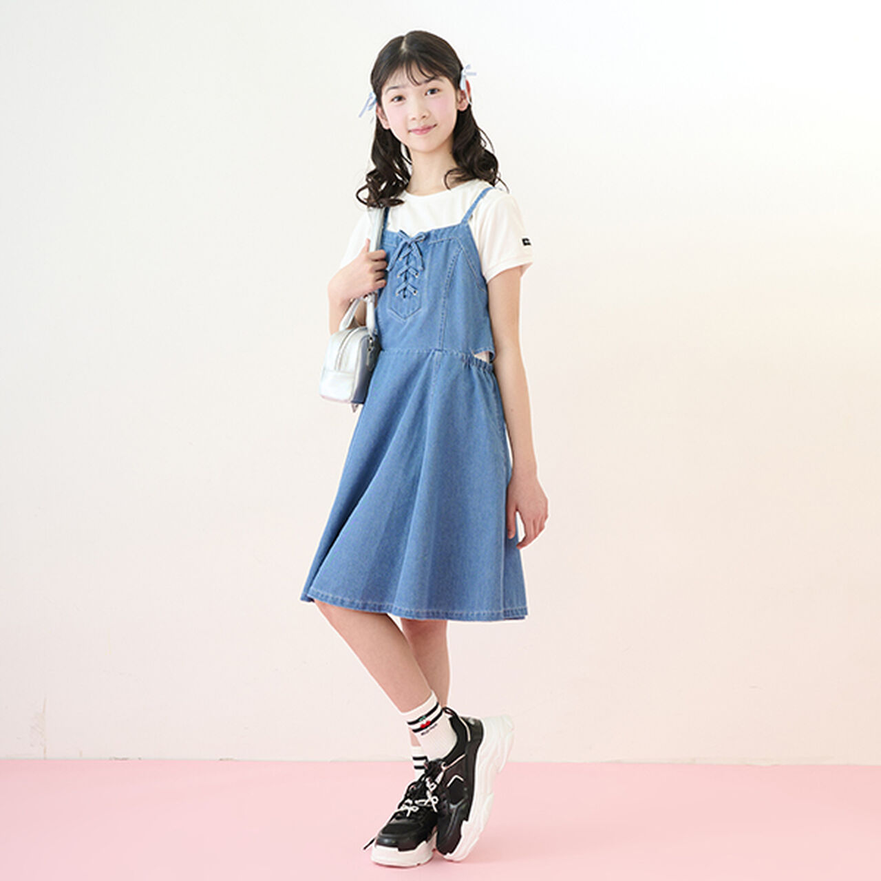 [Cool Touch] Side Slit Lace-Up Jumper Skirt Set,Blue, large image number 10