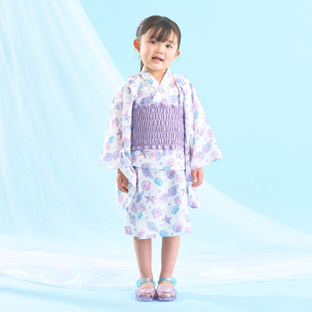 [Easy Wear♪] Cool Touch 4-Way Separate Yukata with Obi Belt (Kawaii) [Kids Girls],Pearl white, large image number 0
