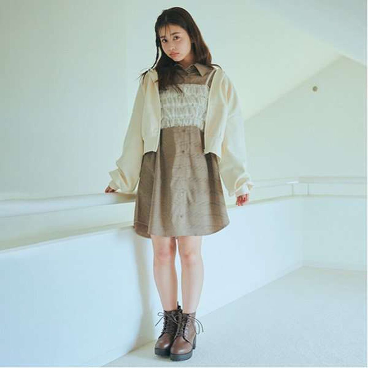 Glen Checkered One-Piece Dress with Bustier,Gray, large image number 20