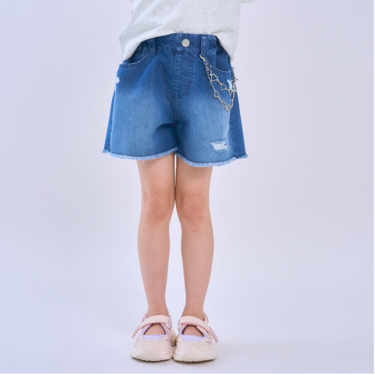 Denim Shorts with Chain Belt,Navy, large image number 0