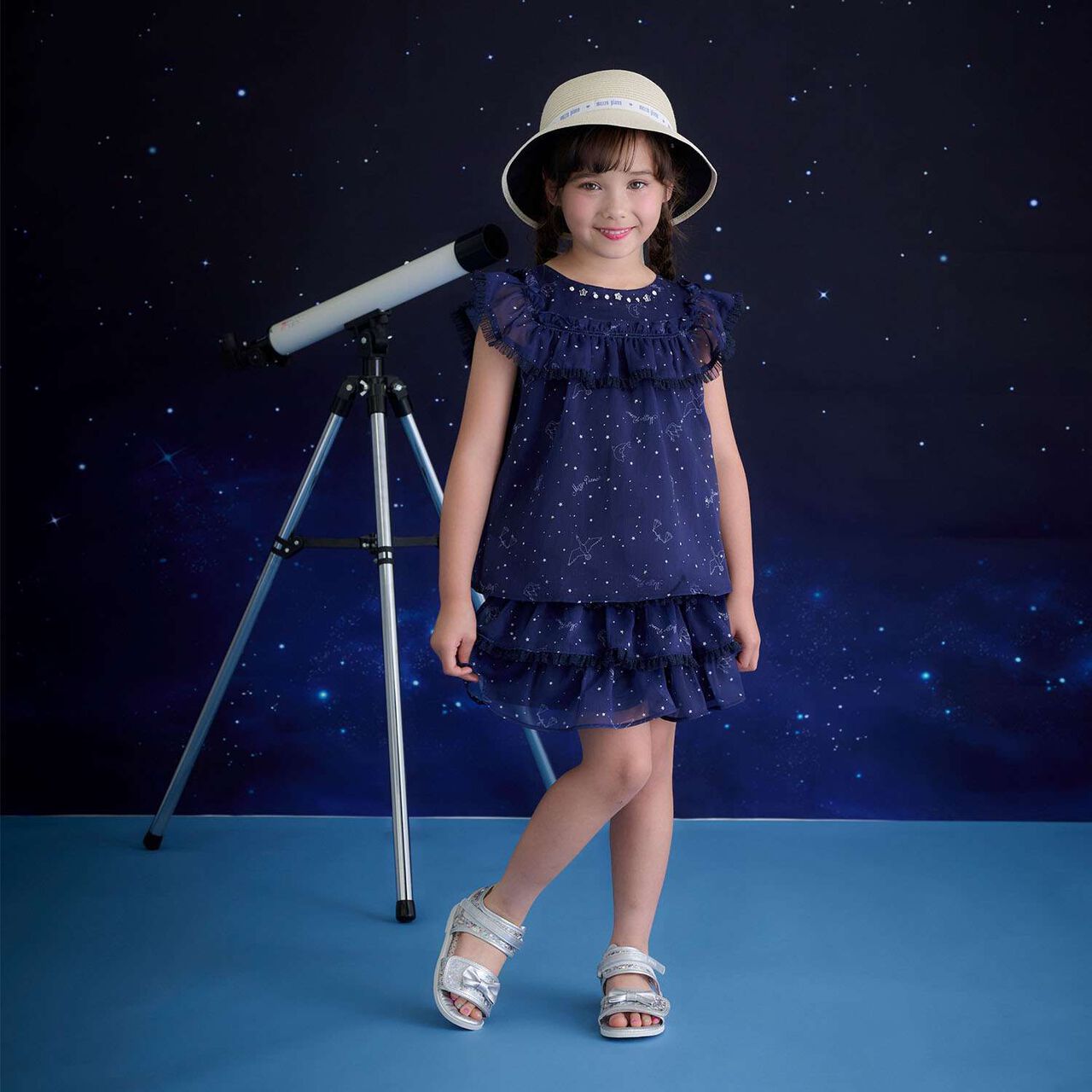 Zodiac Pattern Tiered Culotte Skirt,Navy, large image number 3