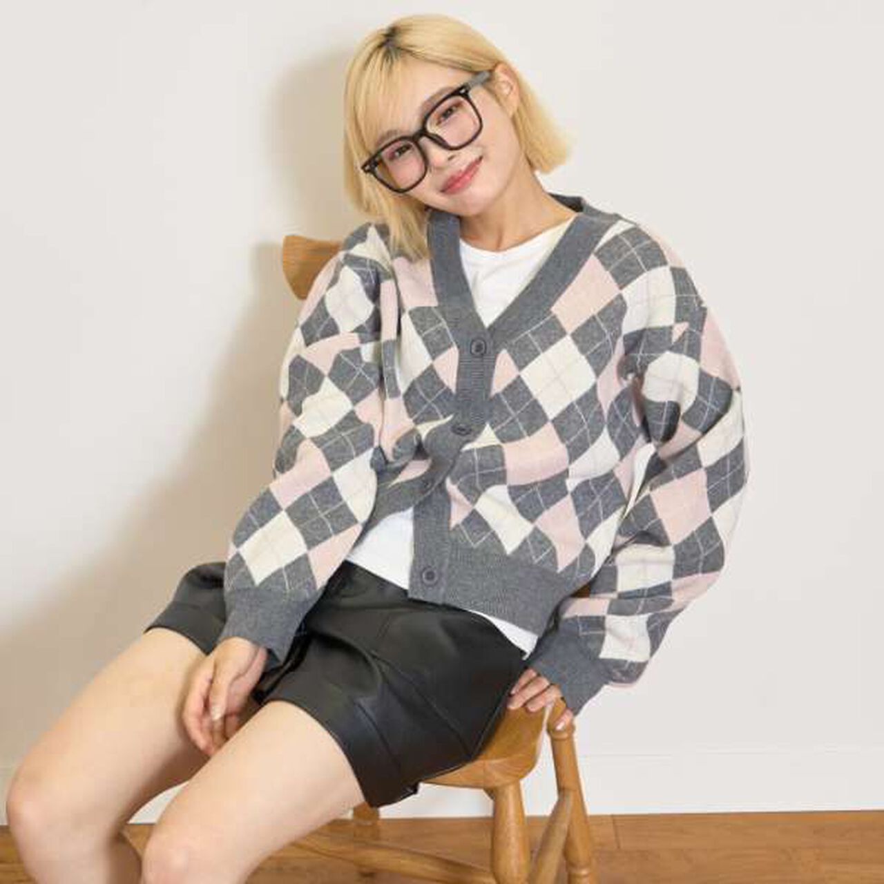 Argyle Knitwear T-Shirt Set,Deep red, large image number 1