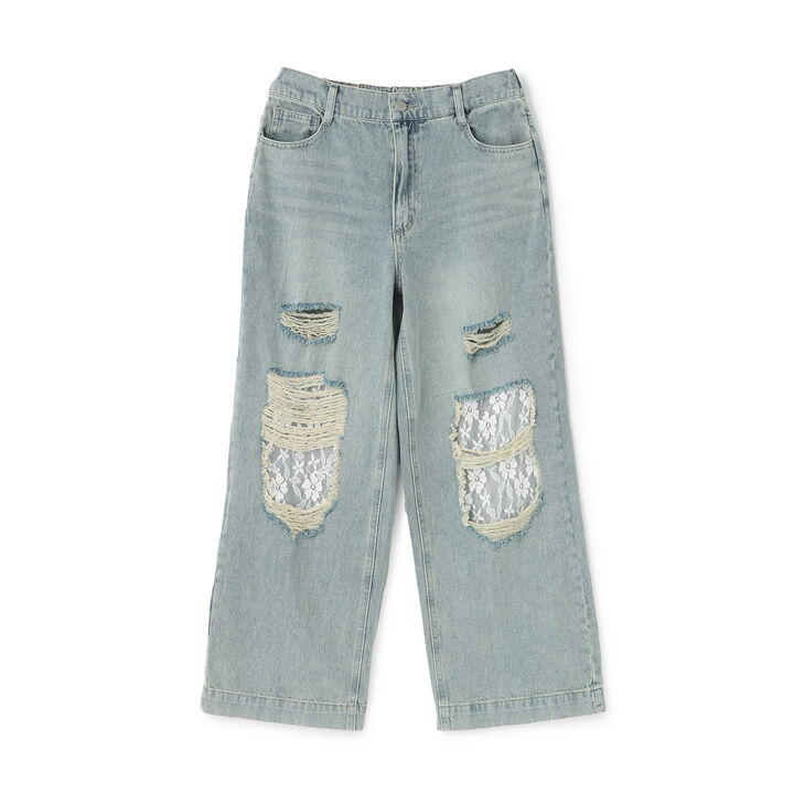 [LTXC] Lace Distressed Denim Wide Pants,Blue, medium image number 9