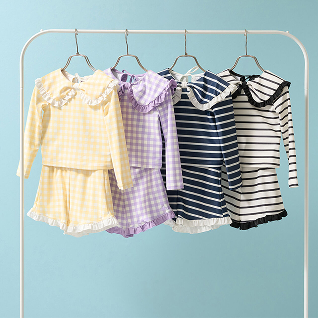 [SWIM] [UV Processing] Assorted Pattern Frill Collar Rash Guard & Pants Set,Navy, large image number 1