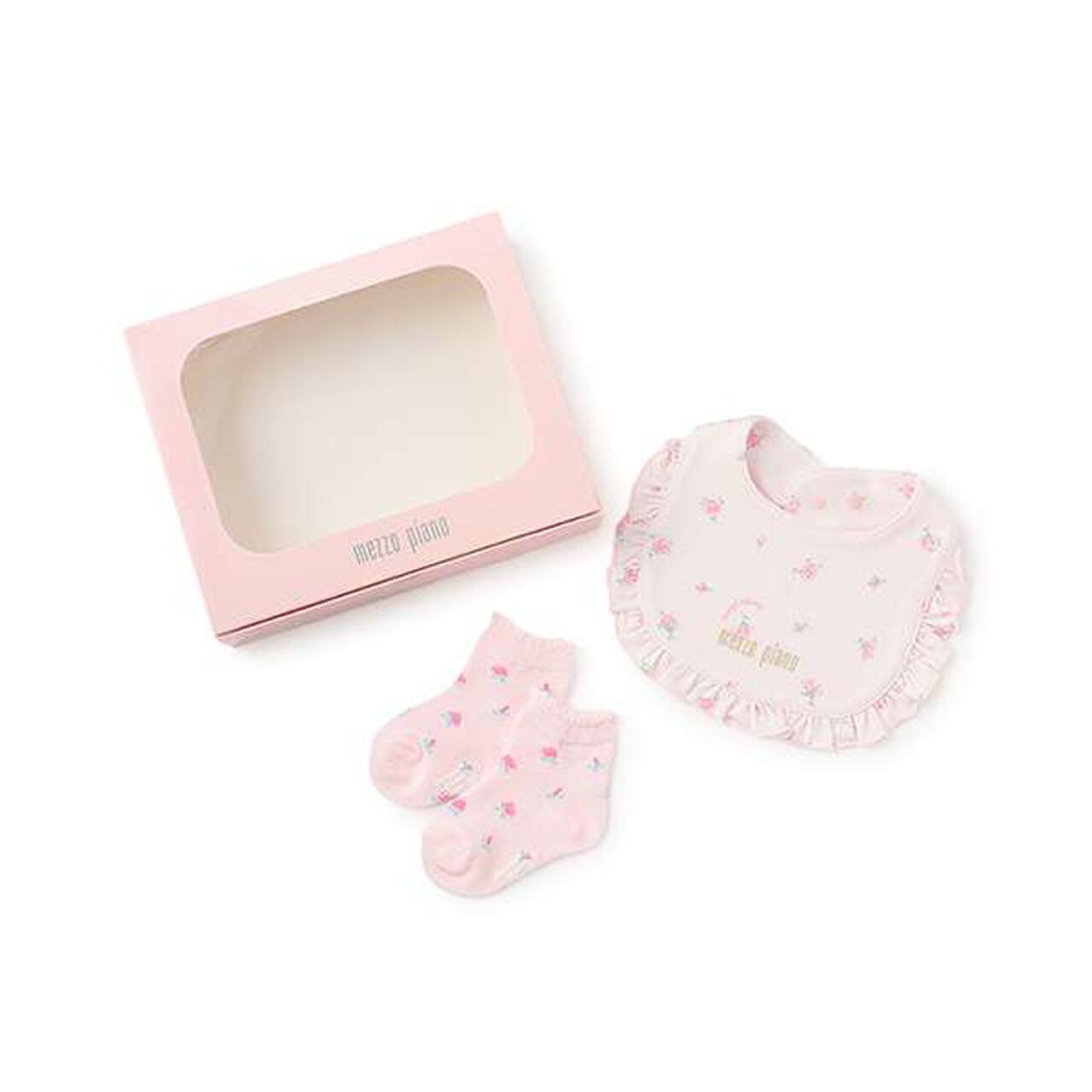 Ribbon & Rose Pattern Bib and Socks Set [Box Included],Light pink, large image number 0