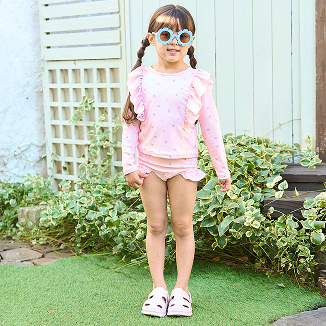 [SWIM] [UV Processing] Floral Pattern Frill Rash Guard & Pants Set,Black, large image number 19