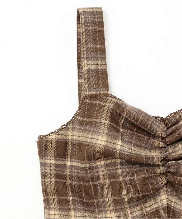 Gathered Checkered One-Piece Dress [Korean Fashion],Brown, medium image number 6