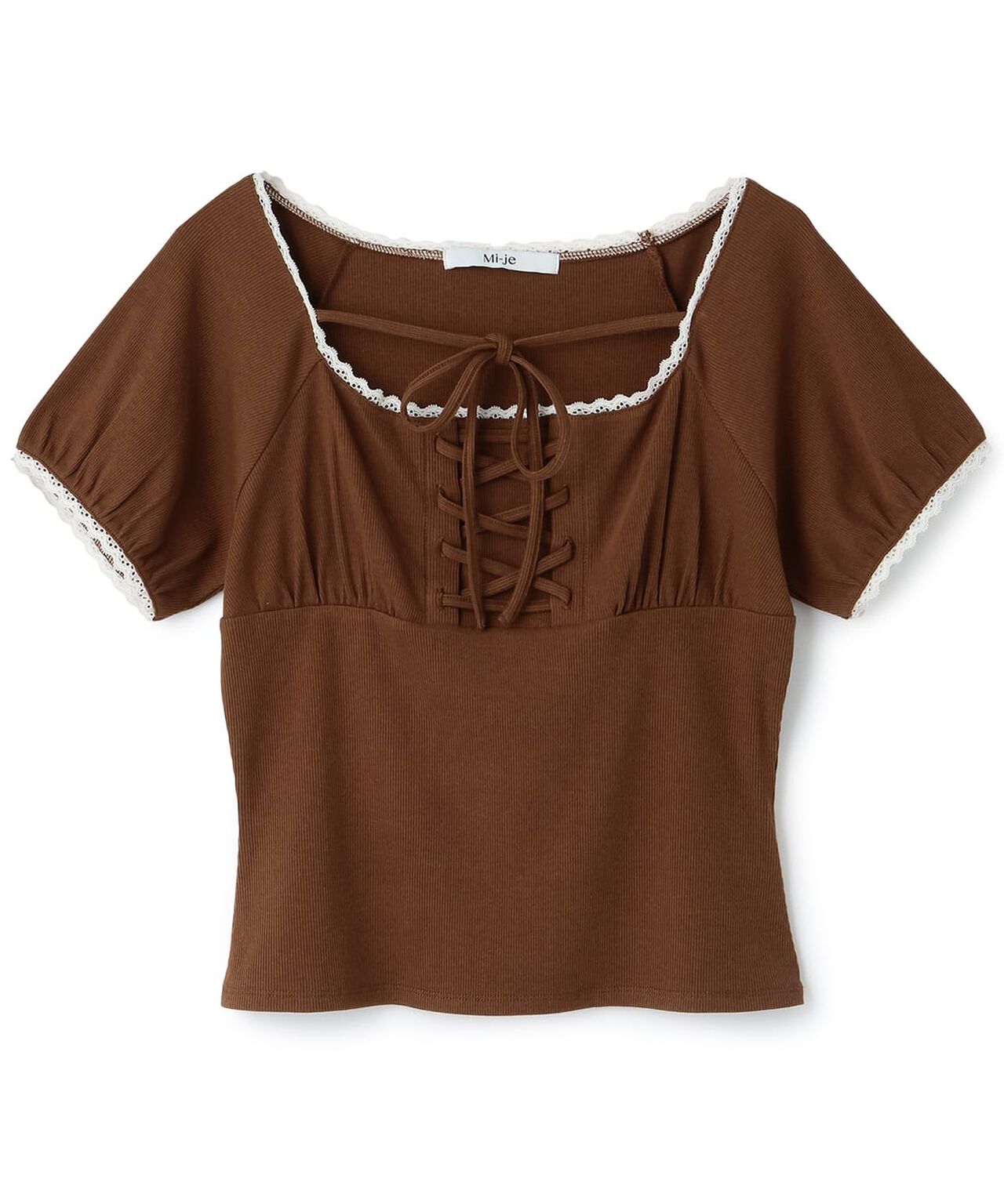 Lace-Up Ribbed Short-Sleeve T-Shirt,Brown, large image number 0
