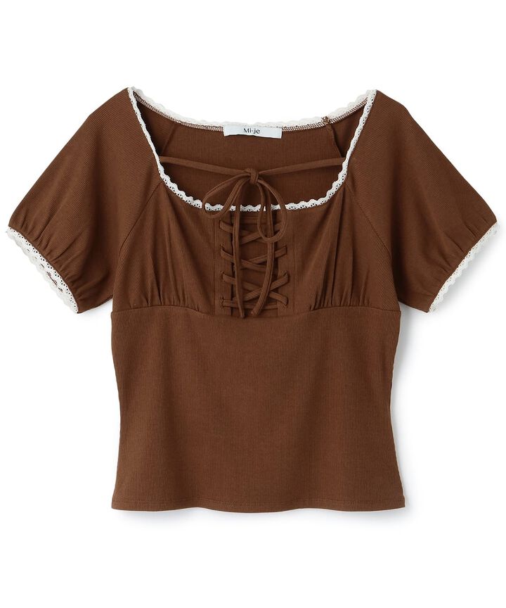 Lace-Up Ribbed Short-Sleeve T-Shirt,, medium