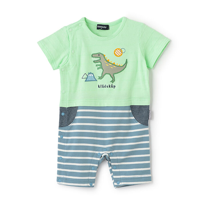 Dinosaur Appliqué Short-Sleeve Coverall,Yellow green, medium image number 0
