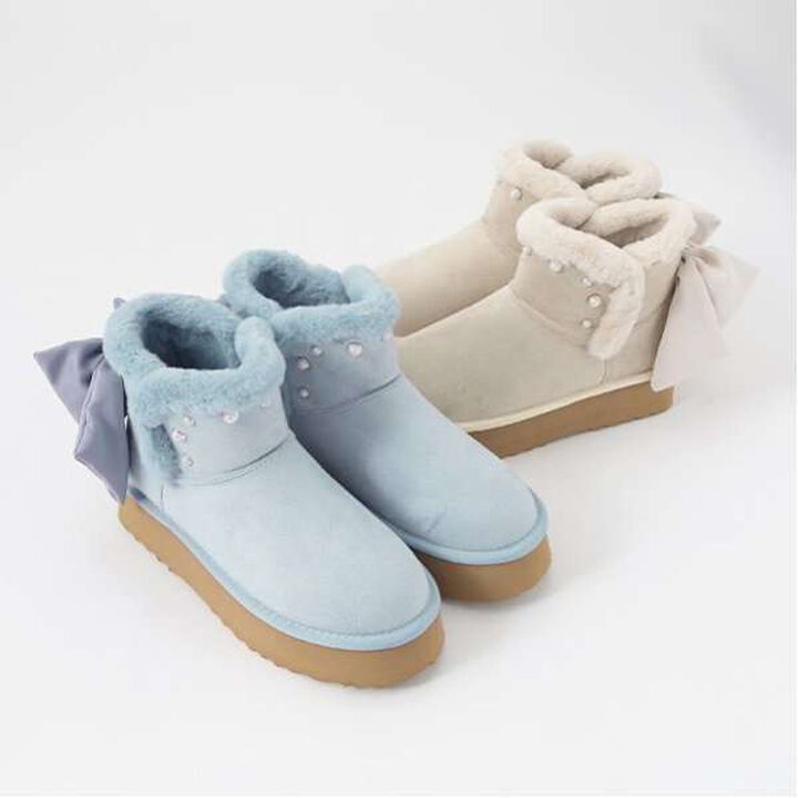 Pearl × Ribbon Mouton-style Boots,Beige, medium image number 2