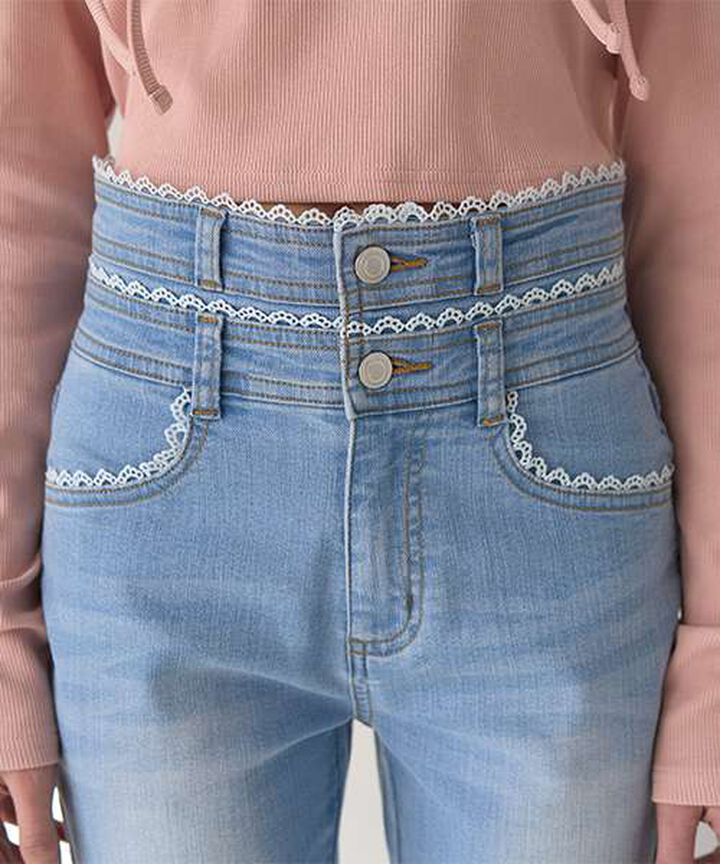 Lace-Trimmed Denim Flare Pants,Light blue, medium image number 9