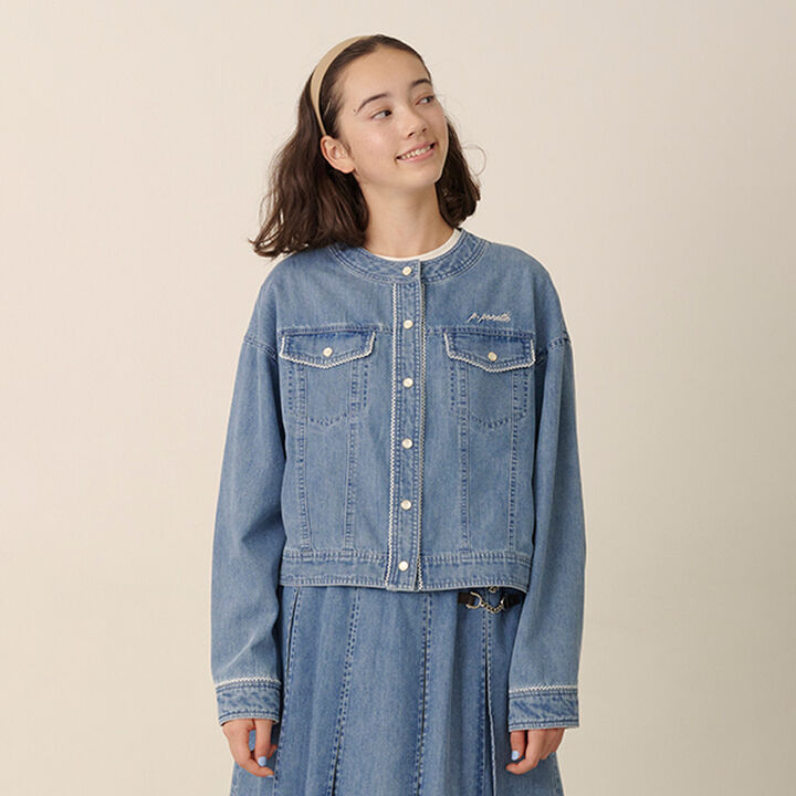 Collarless Denim Jacket,Deep blue, medium image number 1