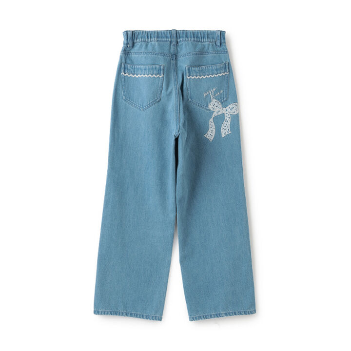 Lace Appliqué Slim Fit Loose Straight Denim Pants,Light blue, medium image number 2