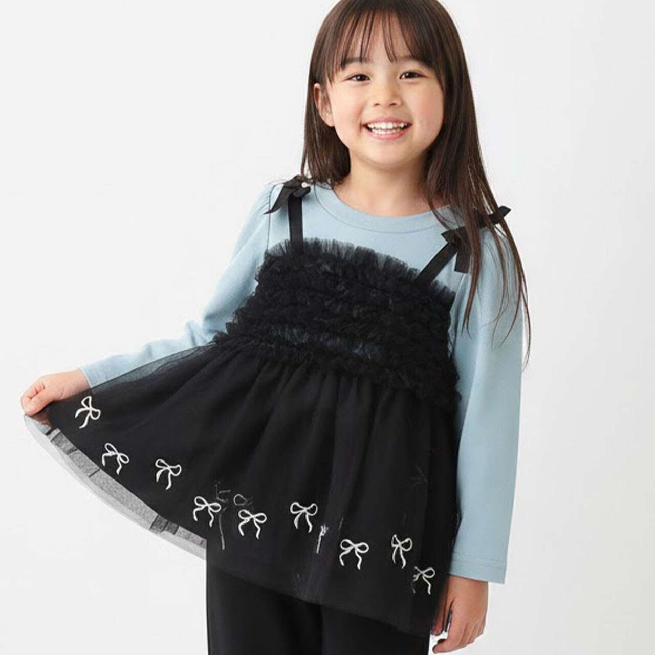 Ribbon Embroidery Tulle Docking Tunic,Charcoal gray, large image number 0