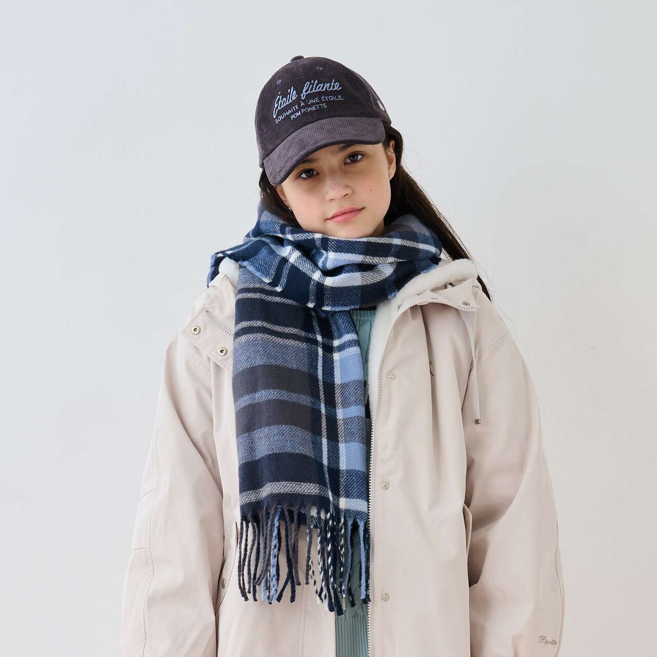 [Static-Free] Cashmere Touch Checkered Scarf,Navy, large image number 0