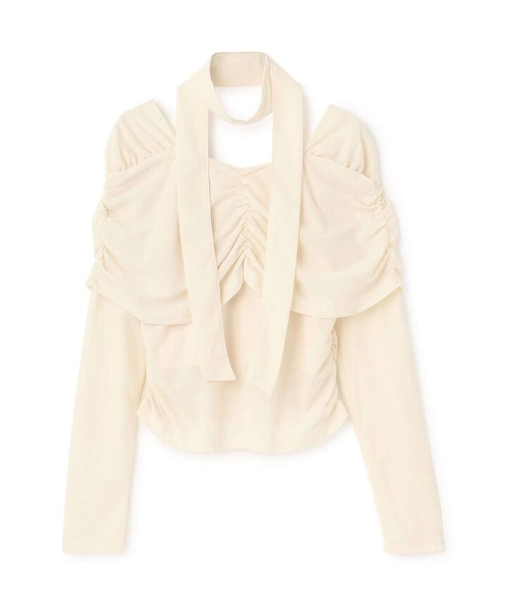 Tie-Detail Gathered Off-Shoulder Cut and Sew Top,, medium