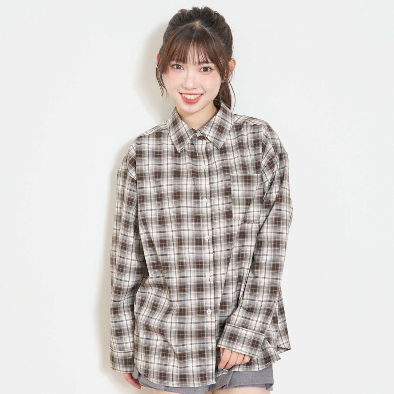 Loose Checkered Shirt,Brown, large image number 0
