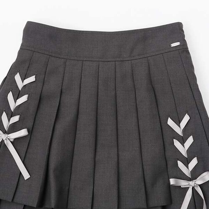 Lace-Up Ribbon Double Layer Pleated Skirt-Pants,Gray, medium image number 5