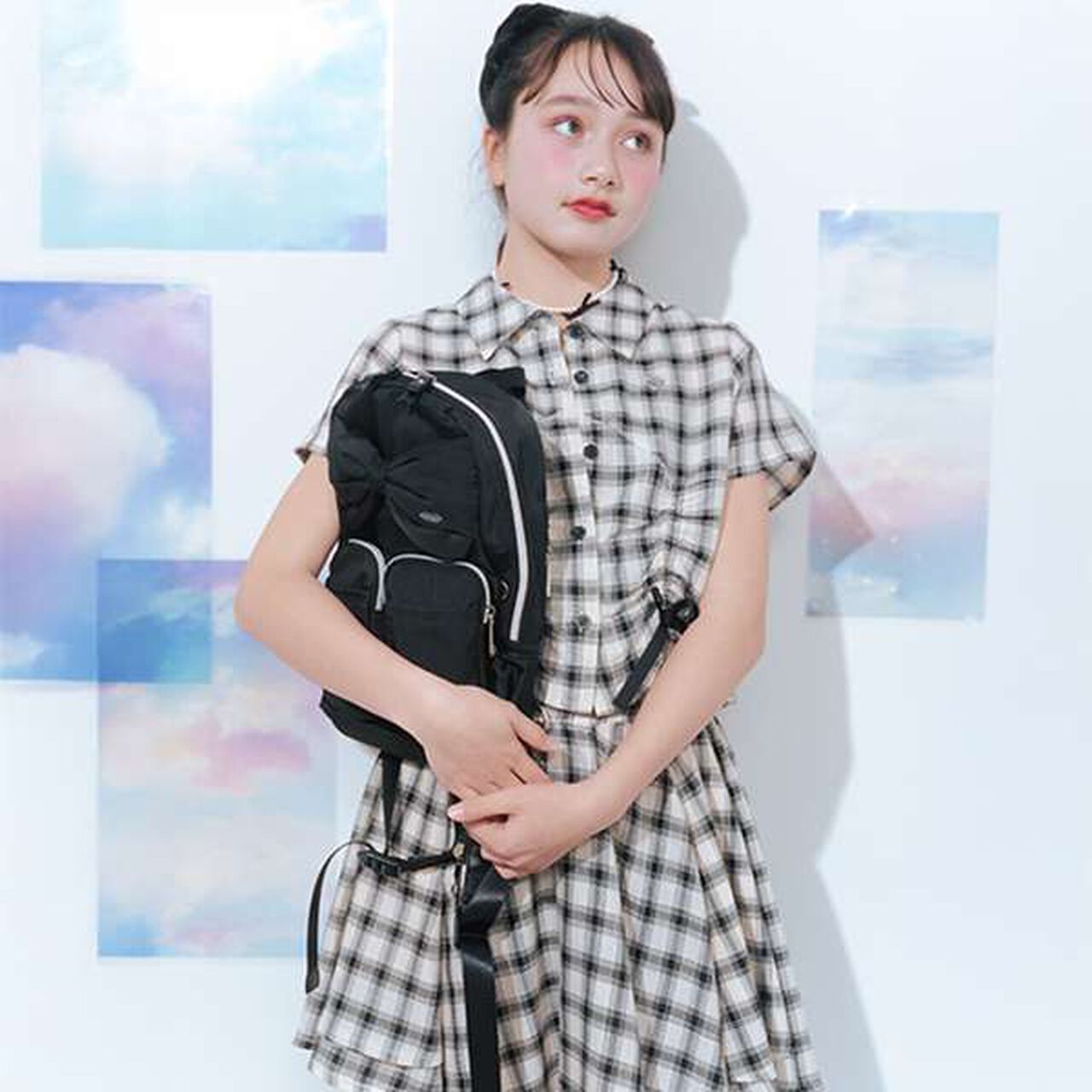 Assorted Material Ruffled Ribbon Shirt & Camisole Set,Black, large image number 1