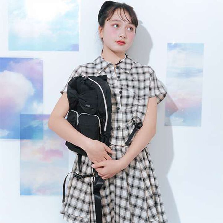 Assorted Material Ruffled Ribbon Shirt & Camisole Set,Black, medium image number 1