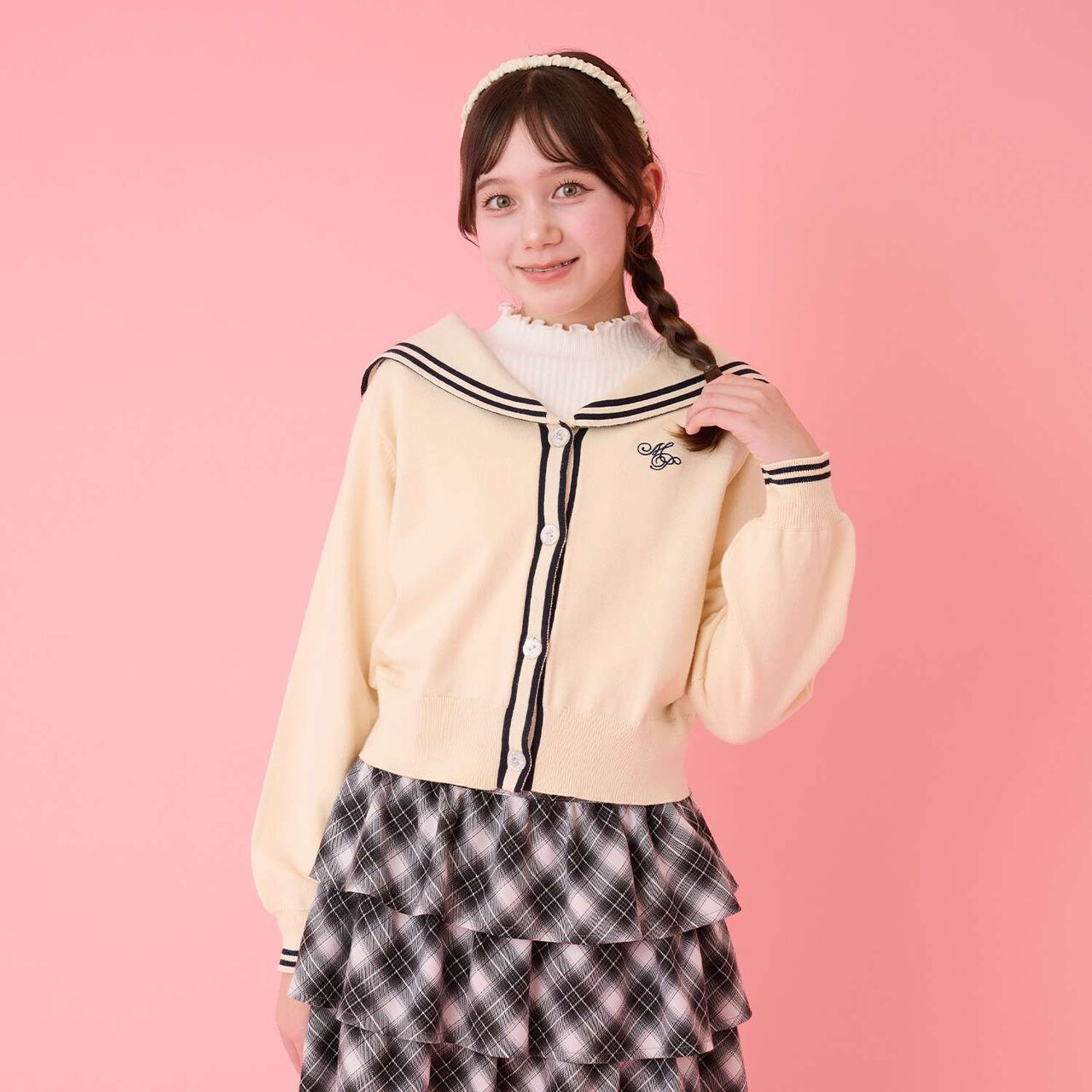 Sailor Cardigan & High Neck T-Shirt Set,Ivory, large image number 0