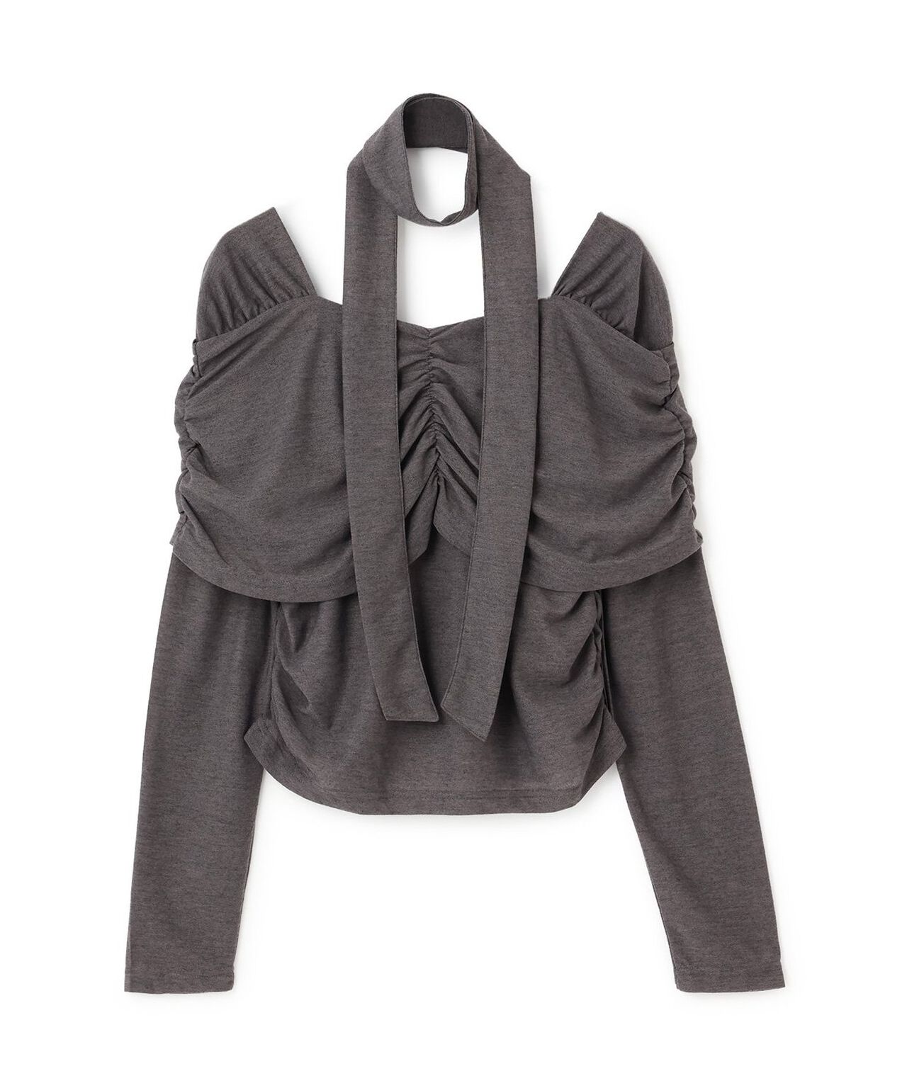 Tie-Detail Gathered Off-Shoulder Cut and Sew Top,Gray, large image number 3