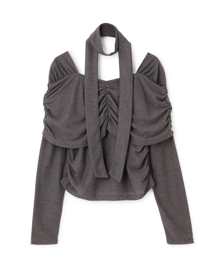 Tie-Detail Gathered Off-Shoulder Cut and Sew Top,Gray, medium image number 3
