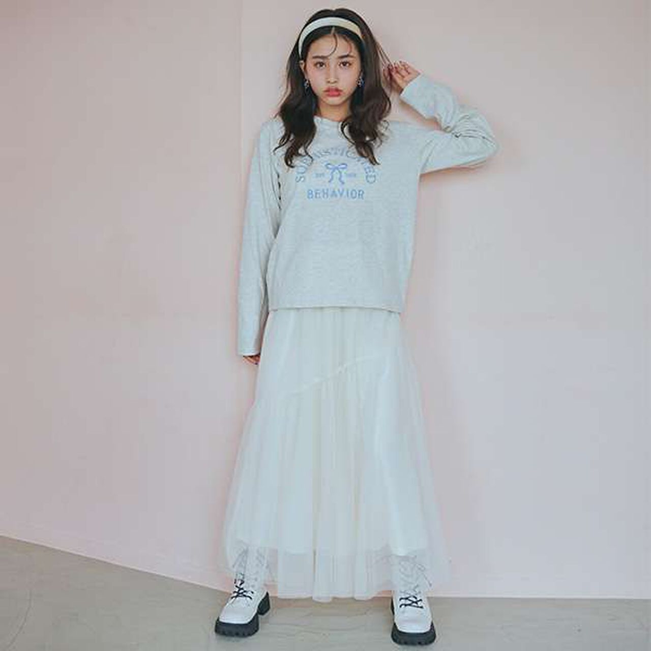 Ribbon Embroidered Long Sleeve T-Shirt,Off white, large image number 1