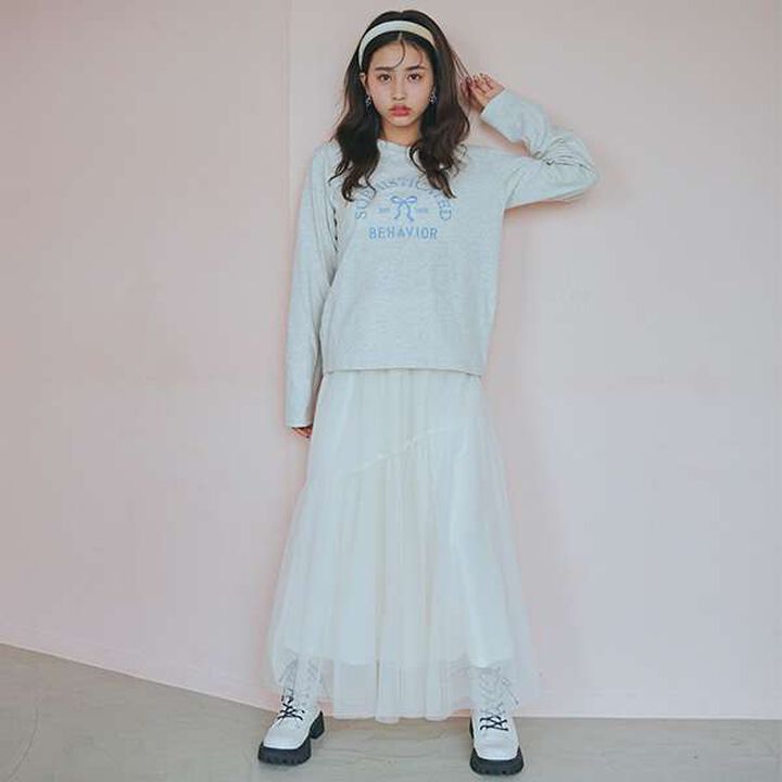 Ribbon Embroidered Long Sleeve T-Shirt,Off white, medium image number 1