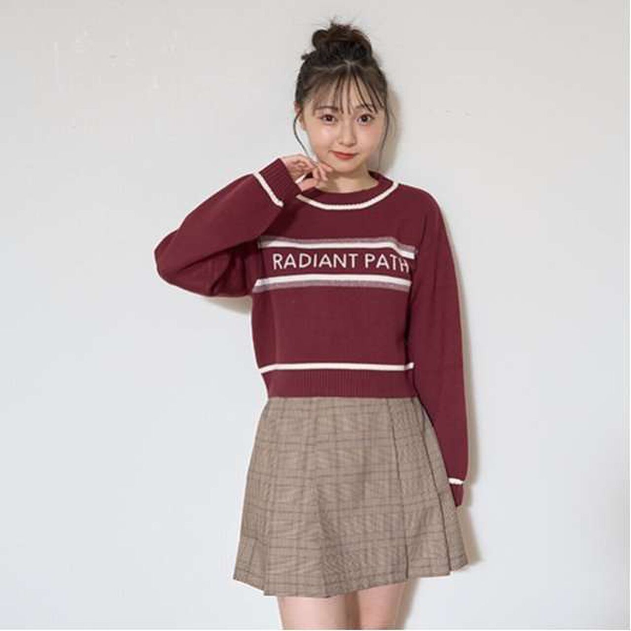 Belted Check Pleated Skirt-Pants,Brown, large image number 11