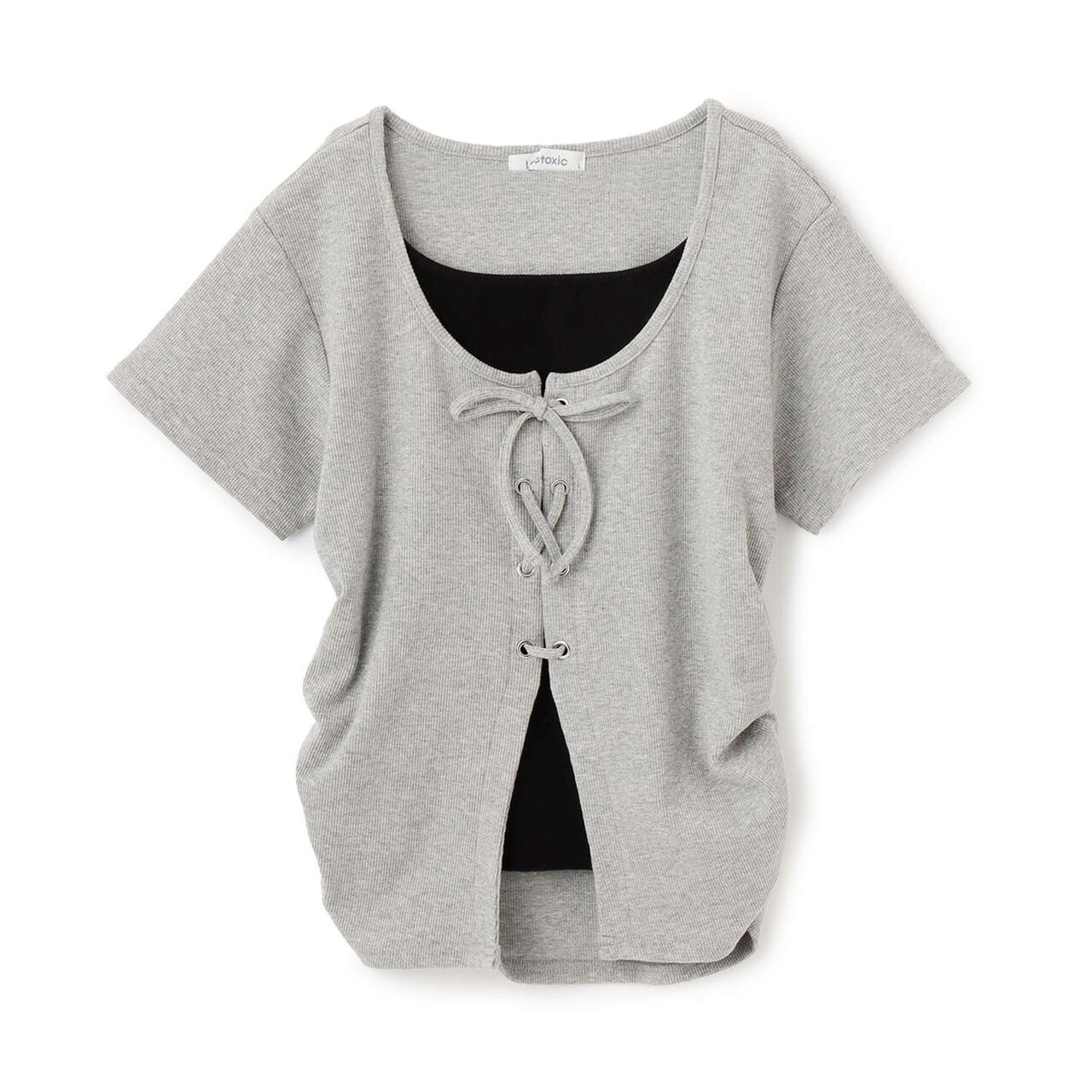 Lace-Up Ribbed Short-Sleeve T-Shirt,Top gray, large image number 9