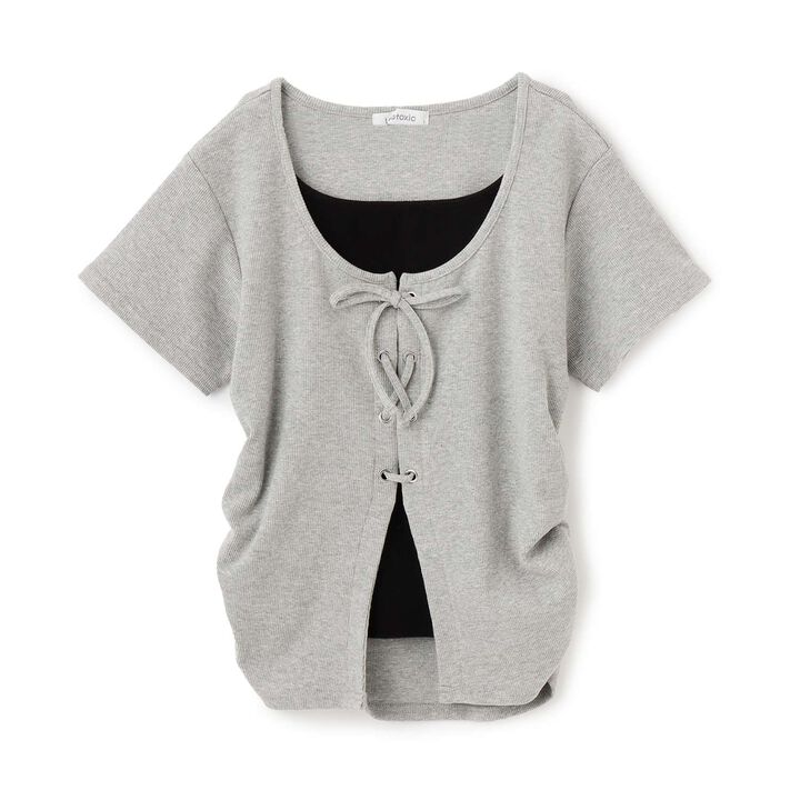 Lace-Up Ribbed Short-Sleeve T-Shirt,Top gray, medium image number 9