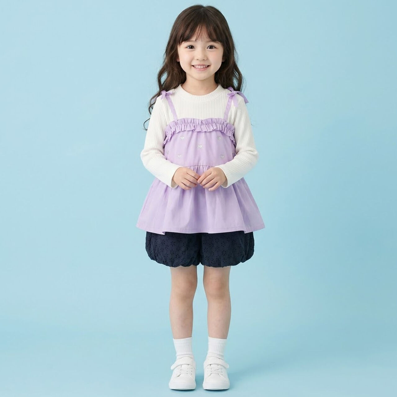 Heart Embroidered Frill Bustier Docking T-Shirt,Lavender, large image number 8