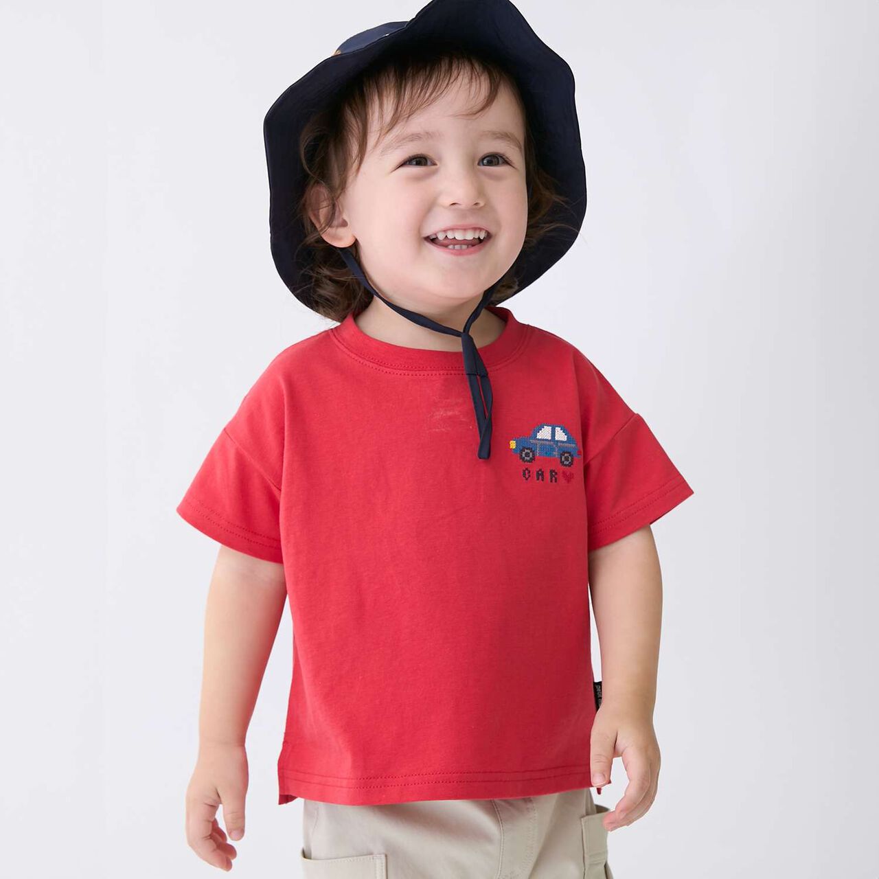 [Food Stain Resistant] Embroidered Short Sleeve T-Shirt,Coral red, large image number 0