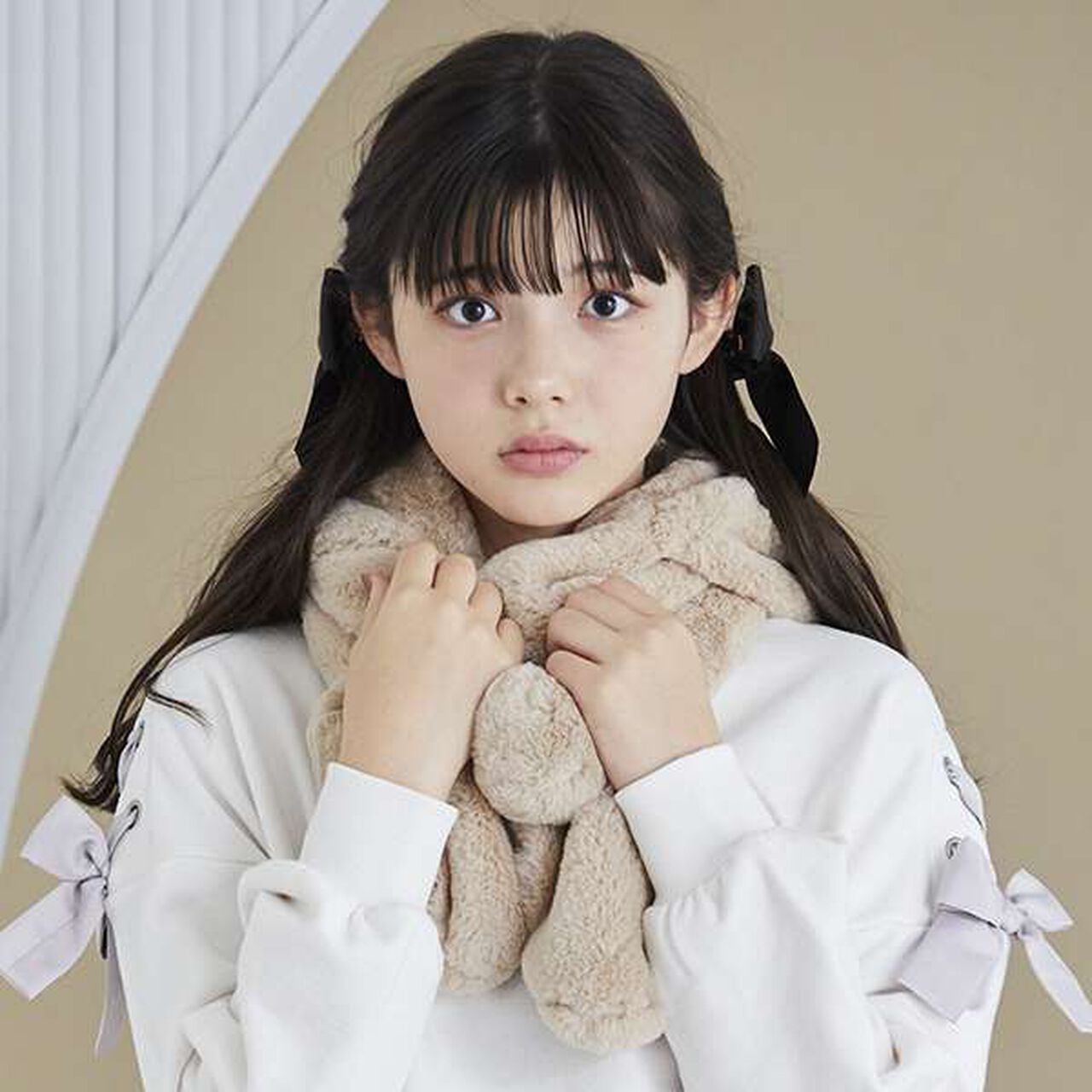 Bear Ear Hooded Scarf,Light beige, large image number 0