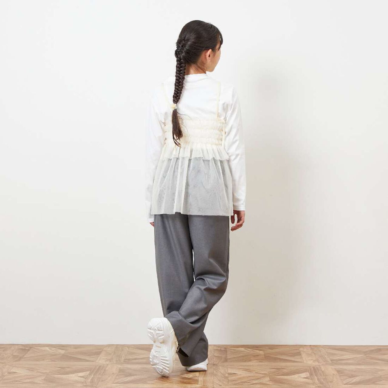 Tulle Camisole & Long-Sleeve T-Shirt Set (140-160),Ivory, large image number 3