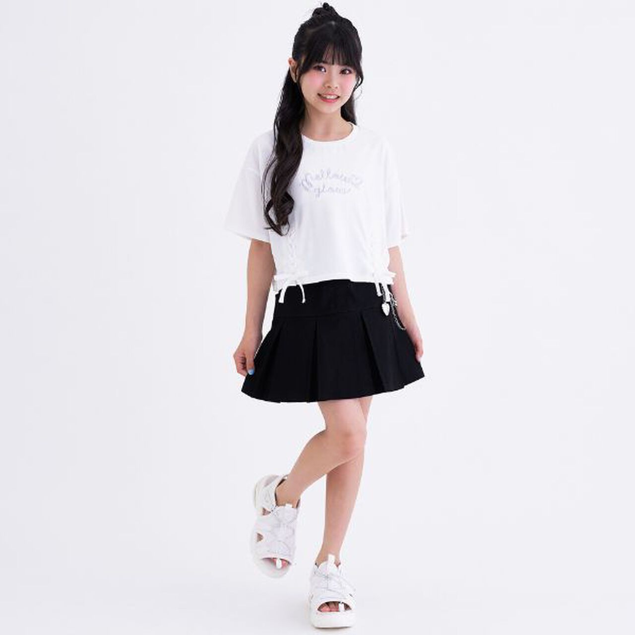 Chain-Accent Pleated Hem Skirt,Black, large image number 2