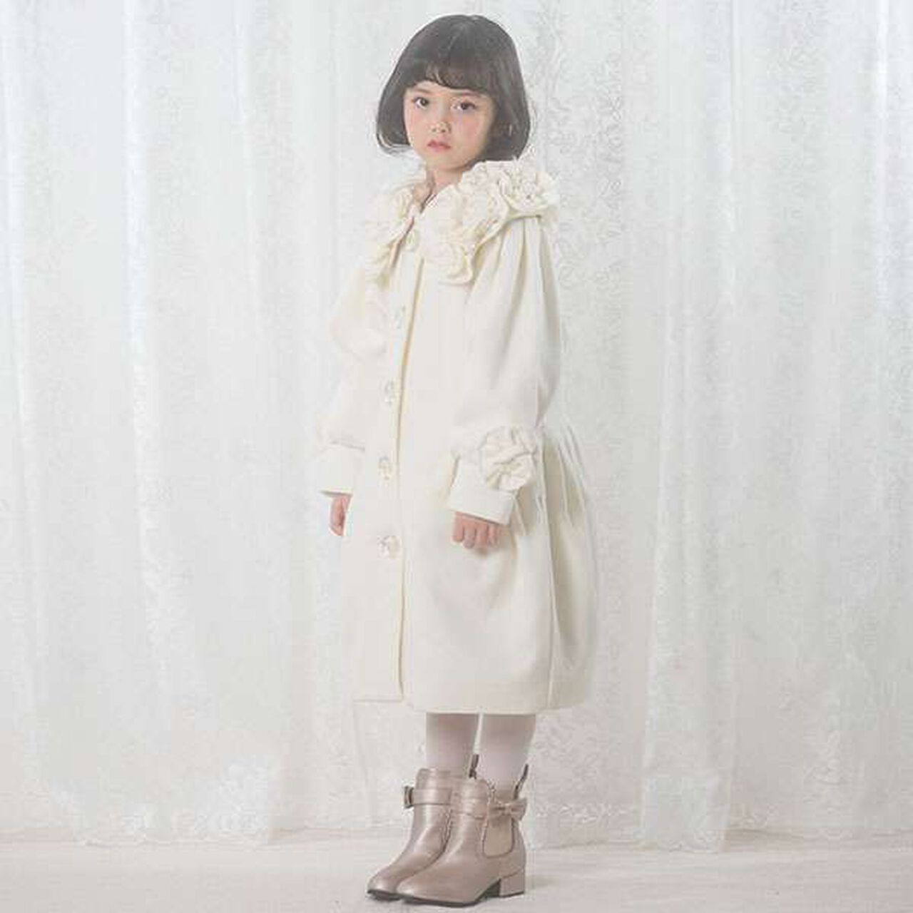 Flower Motif Balloon Coat,Off white, large image number 4