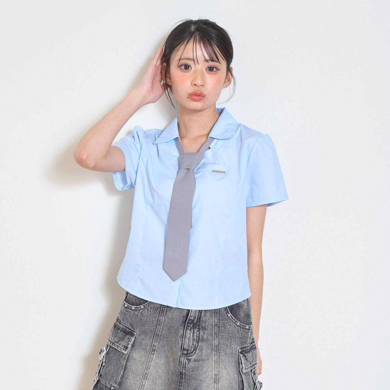 [LTXC] Stylish Short-Sleeve Shirt with Trendy Tie,Off white, large image number 9