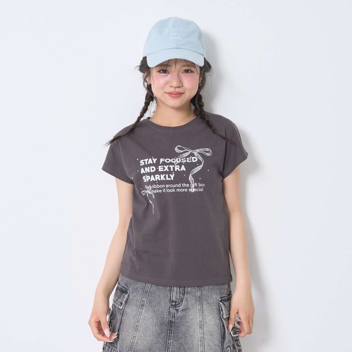[LTXC/Cotton 100%] Ribbon Illustration Cropped Short-Sleeve T-Shirt in Black,Cream, medium image number 8