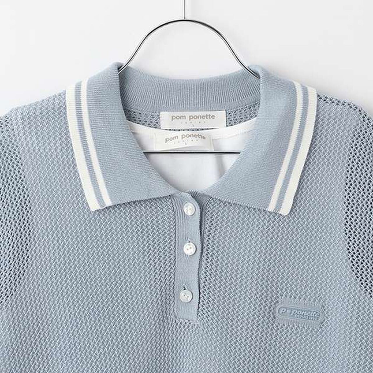 Mesh Short-Sleeve Polo Knitwear,Blue, large image number 14