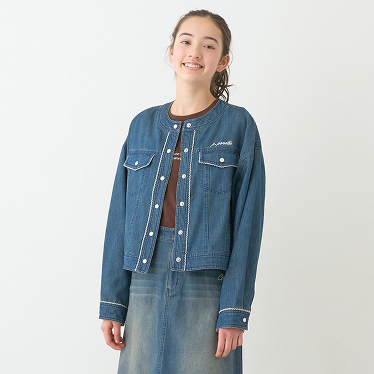 Collarless Denim Jacket,Deep blue, large image number 0