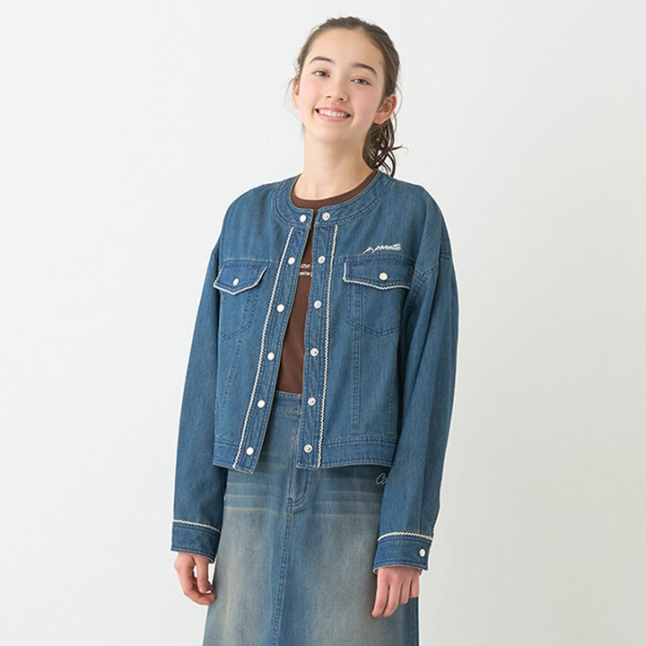 Collarless Denim Jacket,Deep blue, medium image number 0