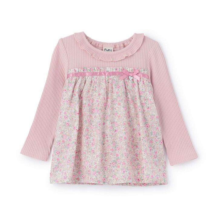 [Airy Silhouette] Floral Pattern Docked Collar Frill Tunic,Light beige, medium image number 6