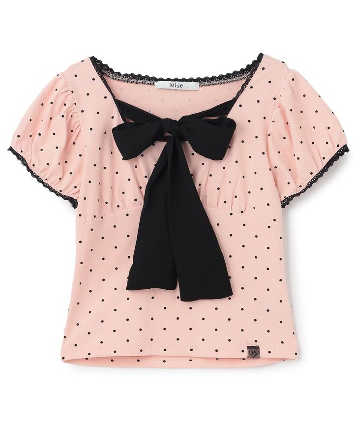 Front Ribbon Polka Dot Short Sleeve T-Shirt,Pink, medium image number 6