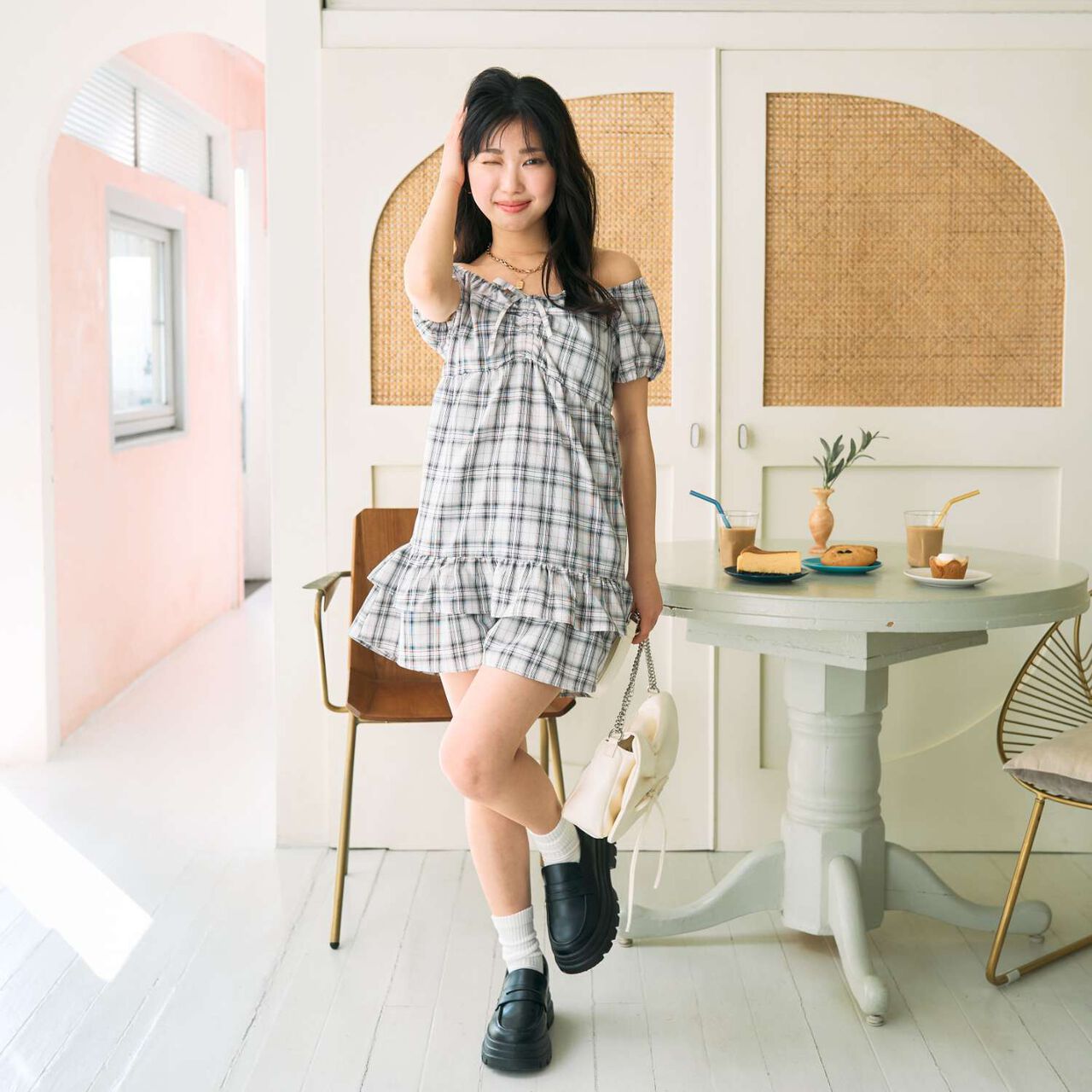 Gathered Checkered Tunic Dress,Orange, large image number 1