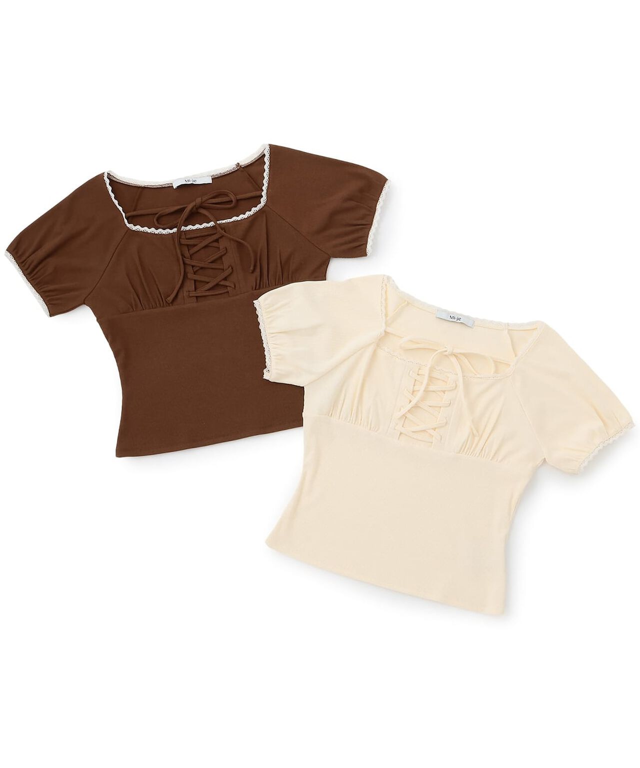 Lace-Up Ribbed Short-Sleeve T-Shirt,Brown, large image number 7