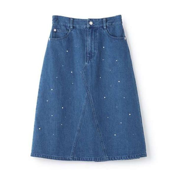 Pearl & Rhinestone Denim Midi Skirt,Black, medium image number 2