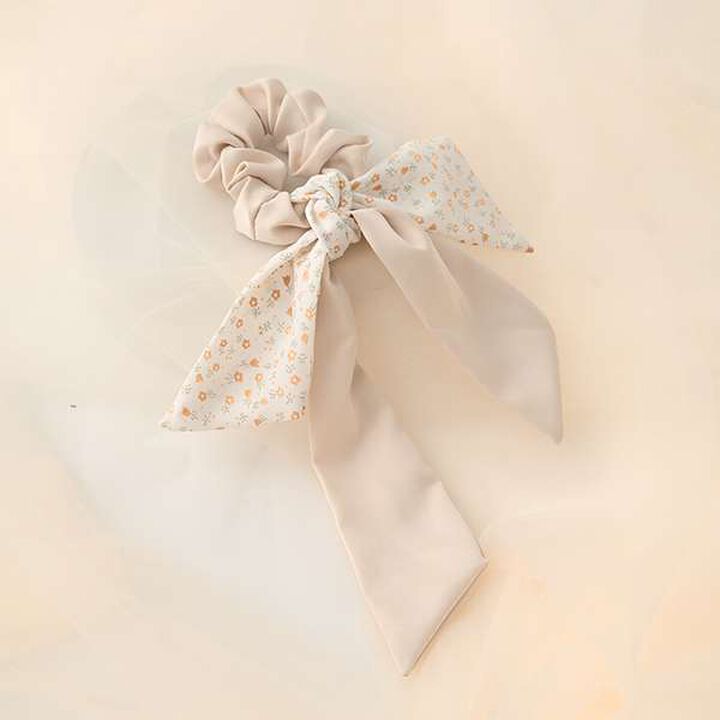 Flower & Satin Ribbon Chouchou,Mustard, medium image number 0